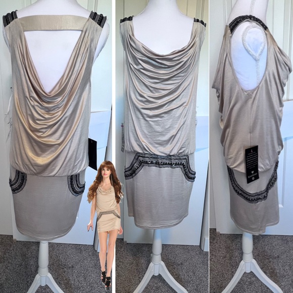 Bebe NWT Champagne Hand-Embellished Dress Sz Medium Great Gatsby 1920 Vibe - Picture 1 of 14